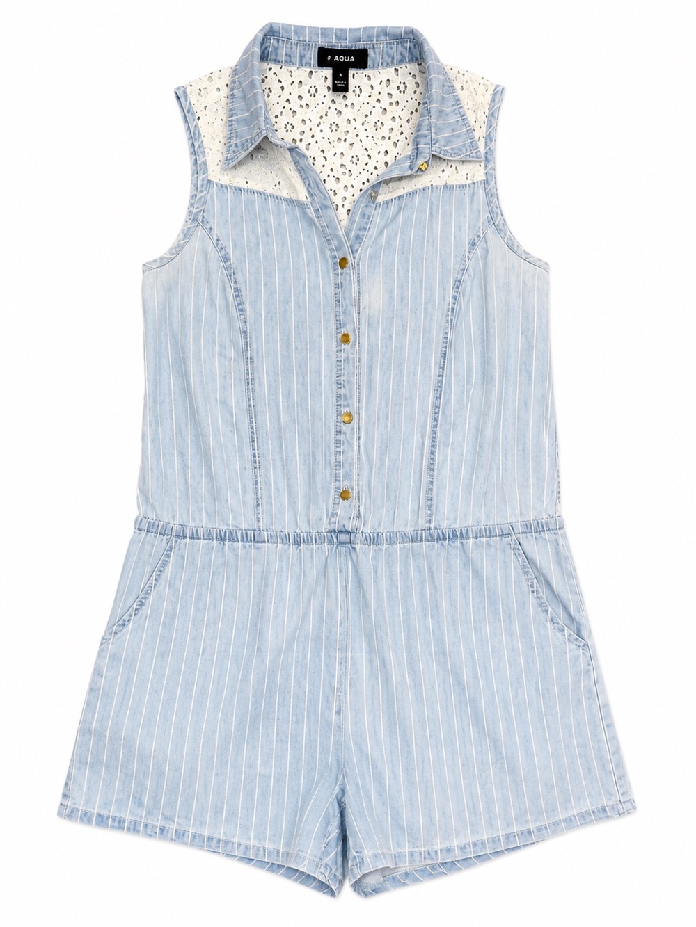 Aqua Light Blue Pinstripe Sleeveless Denim Romper with Lace Collar